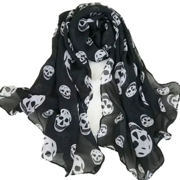 Accessories - skull print scarf SHEER black and white  shawl wrap accessory